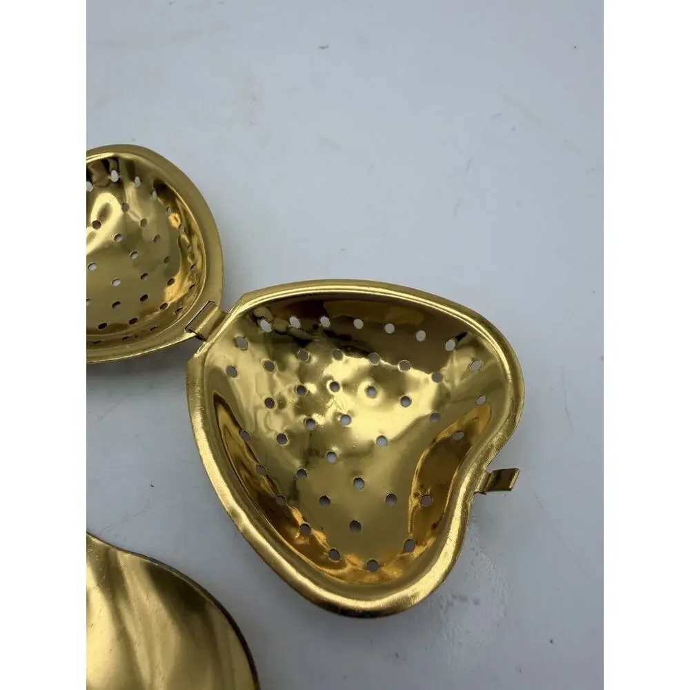Heart Shaped Tea Infuser With Leaf Handle Spoon, Gold, New